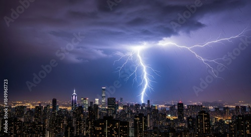 City skyline struck by lightning