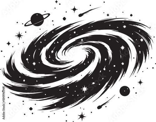 A silhouette of galaxy swirl, deep space theme, vector style
