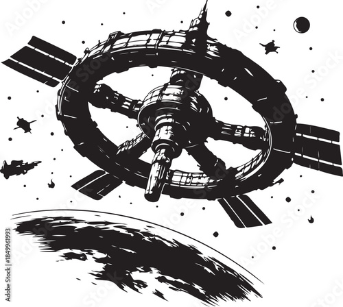 A silhouette of space station in orbit, technological marvel