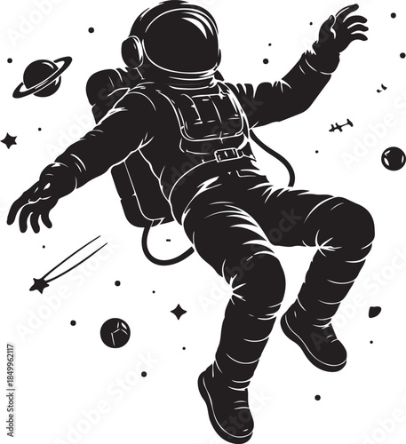 A silhouette of astronaut floating in space, zero gravity, black vector