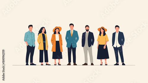 Diverse group of men and women standing together, showcasing professional attire and casual fashion