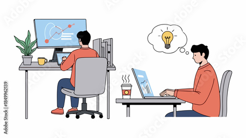 Digital illustration depicting professionals engaged in modern work activities, from data analysis and performance tracking to innovative thinking and idea generation on computers