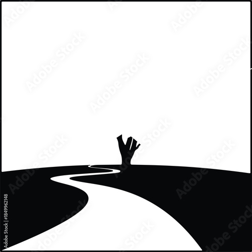 Silhouette Winding path leading to a lonely tree stump in a minimalist landscape Vector Illustration