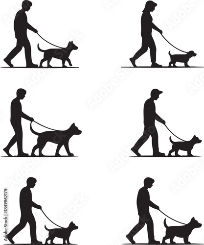 Dog Walking Silhouette Icon Set