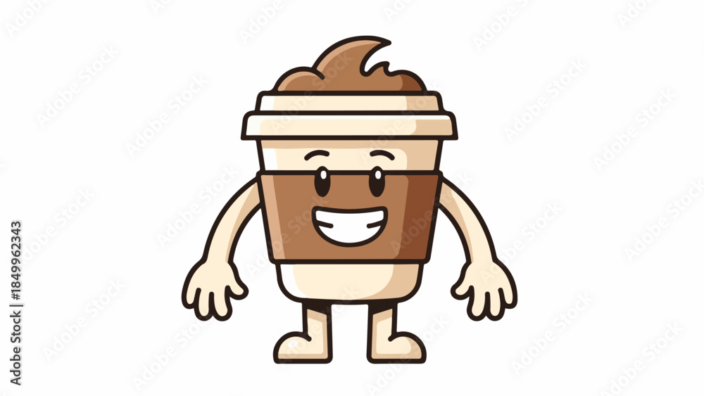 Fototapeta premium Cheerful animated coffee cup character with a friendly smile, perfect as a graphic element or a fun icon representing a hot beverage or cafe concept