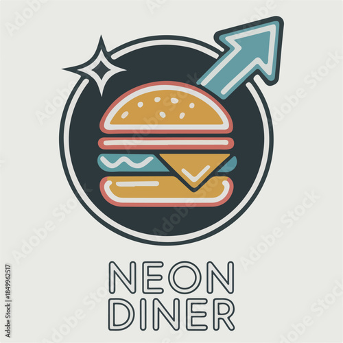 Neon Diner burger sign with arrow and sparkle, retro snack bar logo, glowing line‑style vector for restaurant branding, menus, takeout and social media