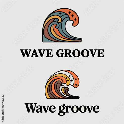 Wave Groove retro surf wave logos with stars and curling crest, sunny seaside vibe, vintage beach emblem vector for apparel, stickers and summer events