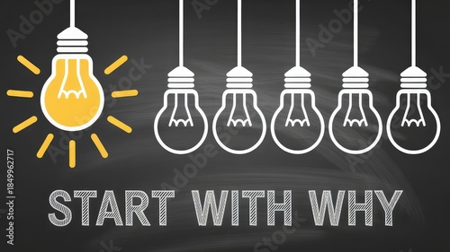 Start with why concept illustrated by one glowing yellow light bulb among unlit white ones on chalkboard
