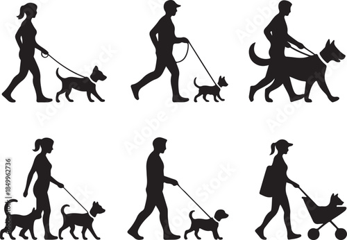 Dog Walking Silhouette Icon Set