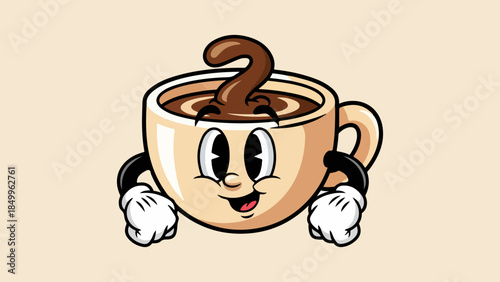 Whimsical retro-inspired coffee cup character smiling cheerfully with a swirling hot beverage, embodying a playful and comforting break time moment