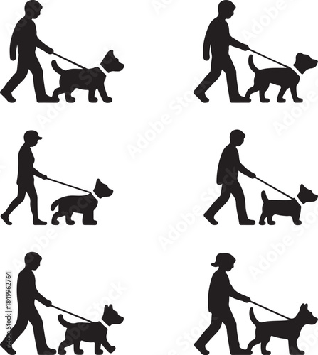 Dog Walking Silhouette Icon Set