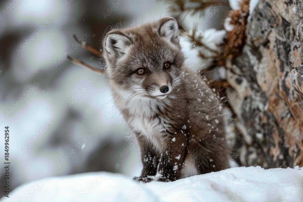 Obraz premium Arctic fox cub sits in the snow near a tree in a winter forest