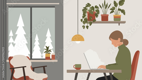 A focused person working remotely in a cozy winter home office. Productive space with indoor plants and a serene snowy view