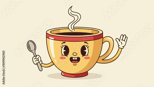 Whimsical retro cartoon coffee cup mascot character joyfully waving and holding a spoon, with steam rising from the hot beverage, perfect for breakfast and cafe-themed designs