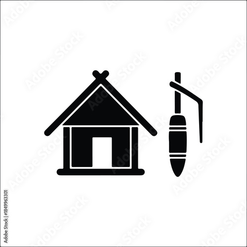 Silhouette of a traditional hut alongside a primitive tool Vector Illustration