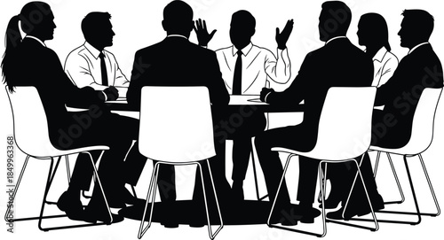 Business professionals discussing strategy around conference table, corporate teamwork meeting silhouettes, leadership communication, collaboration concept, boardroom discussion illustration for 