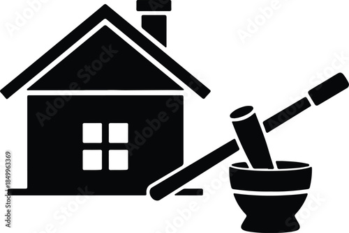 Silhouette of house with mortar and pestle Vector Illustration