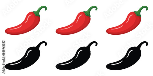 hot chili pepper icons in red and black silhouette styles, featuring vector illustrations