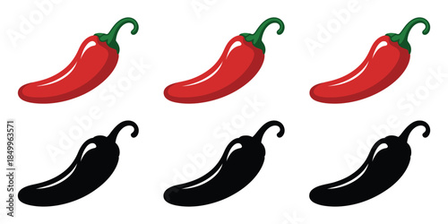 hot chili pepper icons in red and black silhouette styles, vector illustration set for spicy food,  cuisine, restaurant branding, culinary design