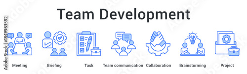 Team development through meeting and briefing with task assignment enhancing communication collaboration and brainstorming projects.