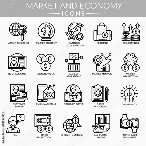 Market and economy icon set illustrating finance, trade, and economic analysis concepts.