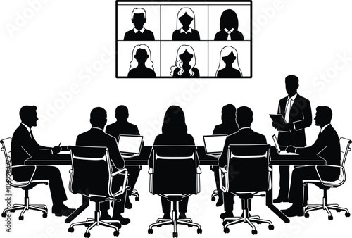 Business team meeting in modern conference room with video conference screen, corporate strategy discussion, leadership presentation, global collaboration concept illustration