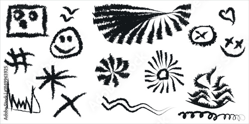 Collection of hand drawn emoticon faces and abstract symbols