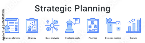 Strategic planning banner web icon defines strategy through swot analysis setting goals with planning and growth focus.