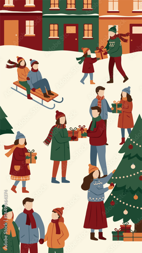 Fototapeta premium Winter Holiday Scene with People Celebrating, Exchanging Gifts, and Sledding