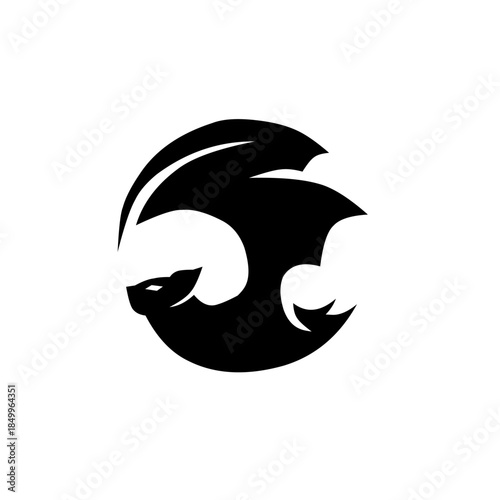 Minimalist black bat logo in a circular motion. Sleek nocturnal animal silhouette with sharp wings, ideal for modern branding, security, or night-themed designs.