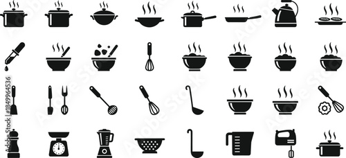 Kitchen utensil icon set, cooking tools silhouette, culinary equipment symbols, black and white sketch, food prep items, flat vector illustration