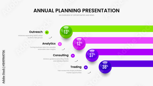Modern Performance Four Step Infographic Presentation Layout. Simple Solution Slide Design Vector Illustration. Market Briefing 4 Option Graph Frame Template.