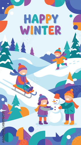 Happy winter illustration with children playing in snow and building a snowman