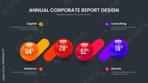 Sales Briefing Frame Design Vector Illustration. Visual Strategy 4 Option Chart Slideshow Template. Corporate Introduction Four Element Infographic Presentation Layout.