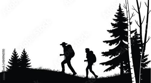 Silhouette of two hikers walking uphill in forest with backpacks, pine trees and grass, outdoor adventure nature vector illustration