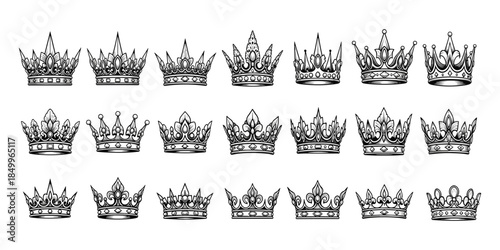 Royal crown collection illustration, ornate vintage tiaras and diadems set, luxury monarchy symbols, heraldic design elements, isolated white background, flat vector illustration