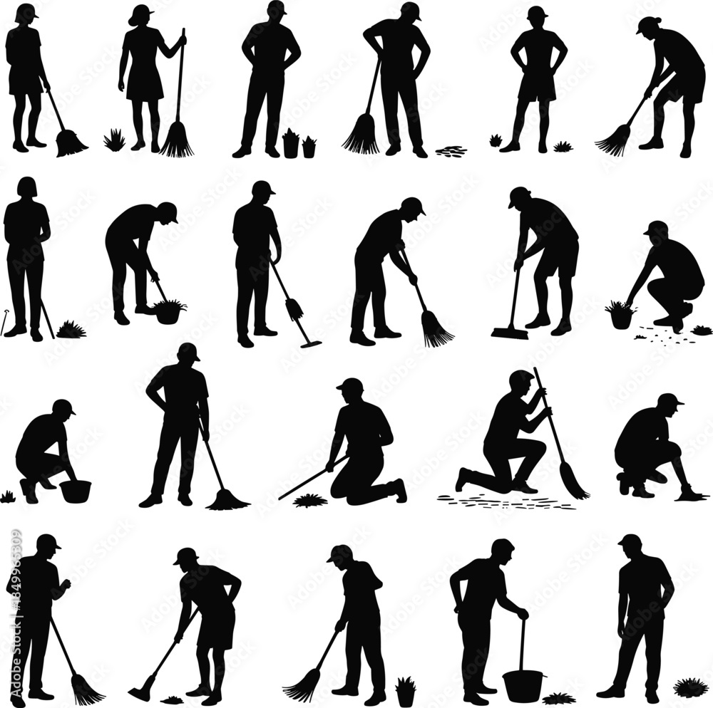 Obraz premium Silhouette set of people performing cleaning tasks such as sweeping, mopping, and organizing, with a focus on gardening and floor maintenance