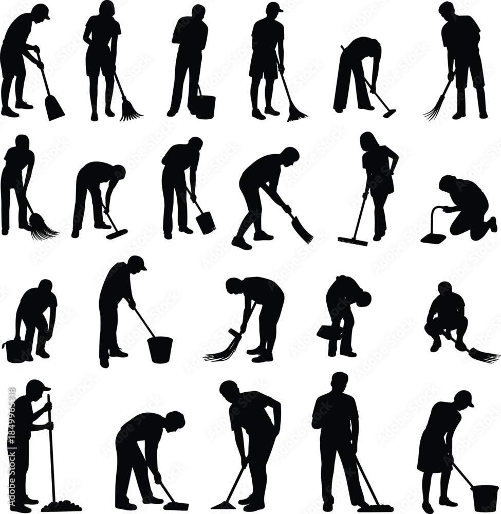 Obraz premium Silhouette set of people performing various cleaning tasks, including sweeping, mopping, and using cleaning tools for home or office maintenance and hygiene