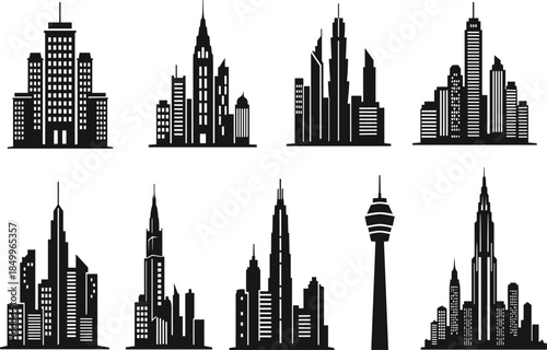 Silhouette skyline of modern city buildings, urban architecture, cityscape icons, high-rise skyscrapers vector, black city silhouettes design