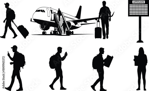 Silhouette travelers with luggage, airport boarding scene, airplane travel concept, passengers walking, digital flight board, air travel vector illustration