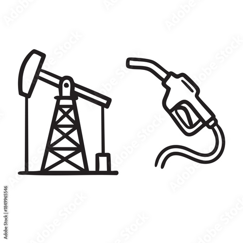 hand drawn icon of Oil Pump Jack and Gas Nozzle Fueling Icons