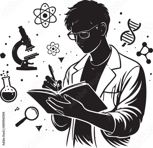 A silhouette of researcher taking notes, scientific inquiry