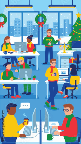 People working in a modern office decorated for Christmas and Hanukkah