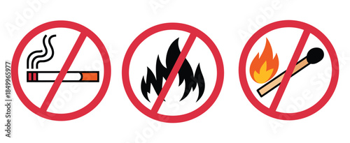 no smoking sign, red prohibition icon, no open fire burning, featuring no open flame symbol, ideal for safety guidelines, warning labels, fire prevention, workplace hazard communication