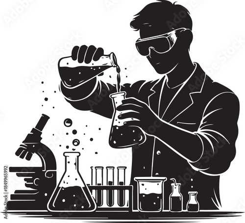A silhouette of scientist pouring liquid in lab, experiment focus, black