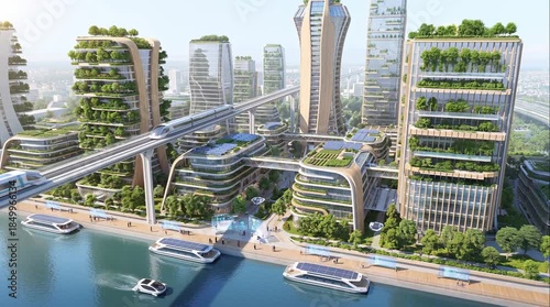Future sustainable smart city urban planning concept featuring advanced transportation green architecture environmental innovation ecological design integrated mobility solutions technology