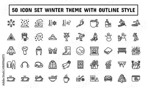 Minimal winter outline icons featuring seasonal objects, cold weather elements, cozy accessories, outdoor activities, and holiday scenery with versatile usage for various themes.