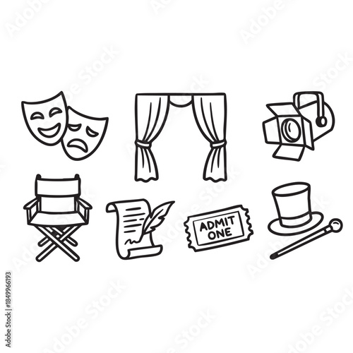 hand drawn icons of Theater Arts and Stage Performance Sketches