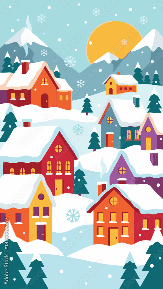 Naklejka premium Winter village illustration with colorful houses, snowy mountains, and falling snow