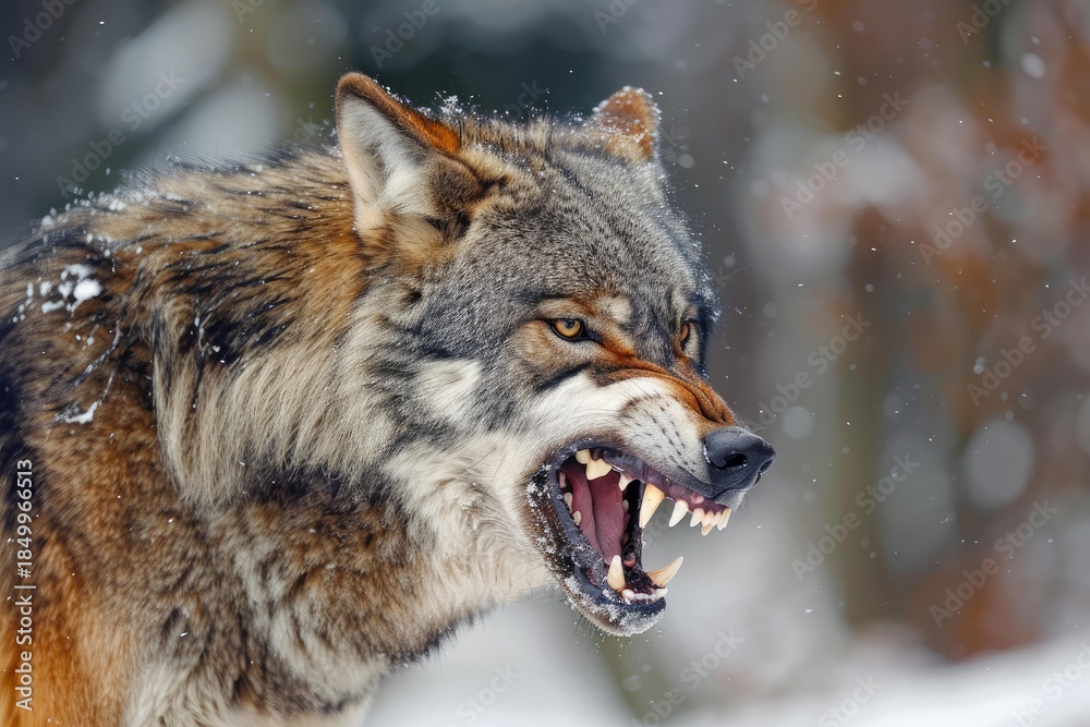 Fototapeta premium Eurasian wolf showing teeth and snarling in snowy forest during winter